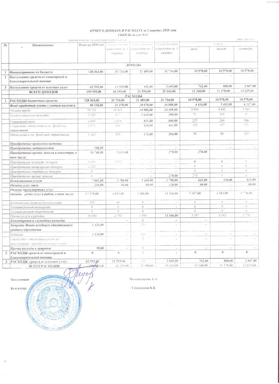 Отчет о доходах и расходах за 3 кв 2020 год