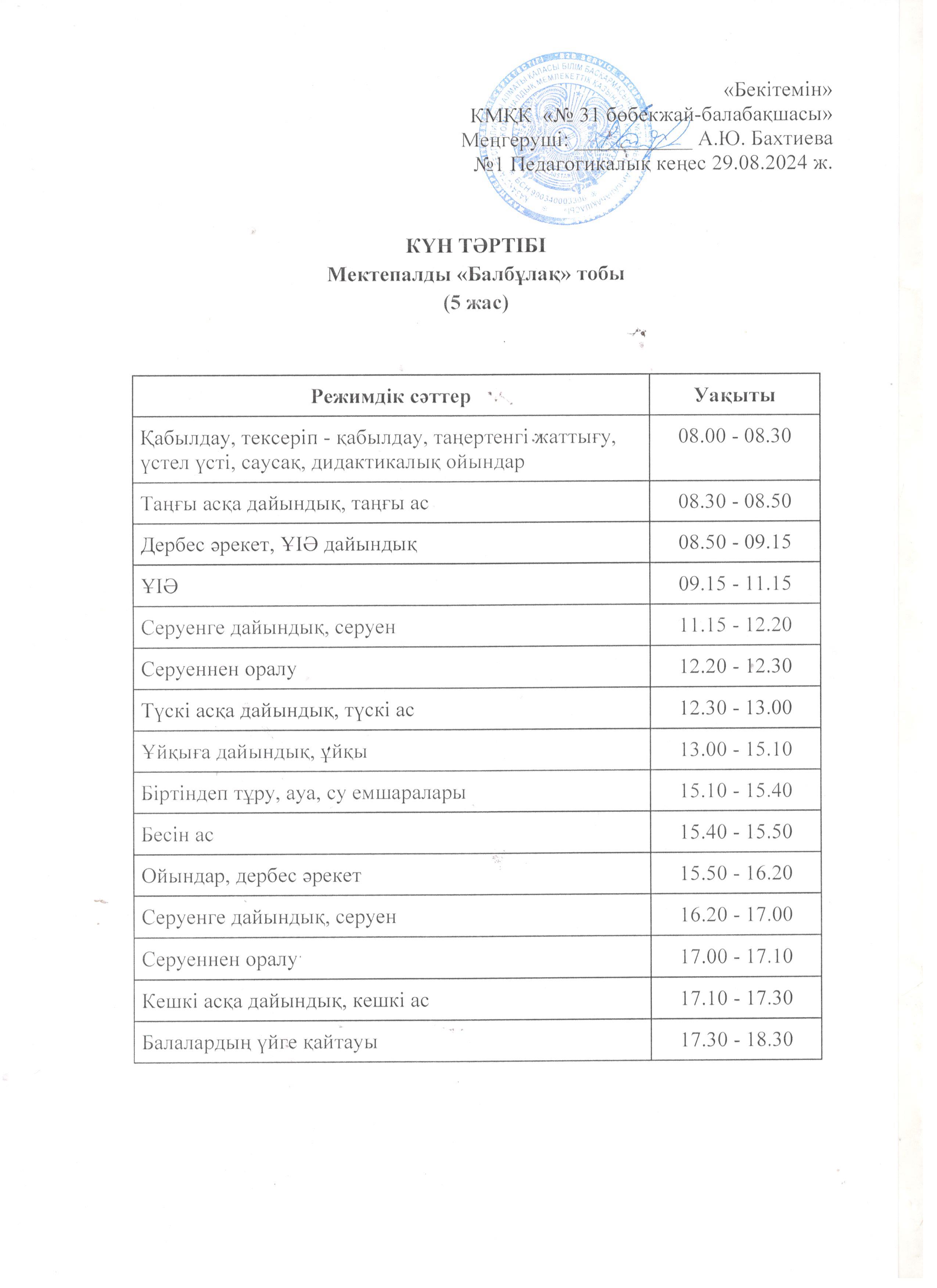 Күн тәртібі 2024-2025 оқу жылы